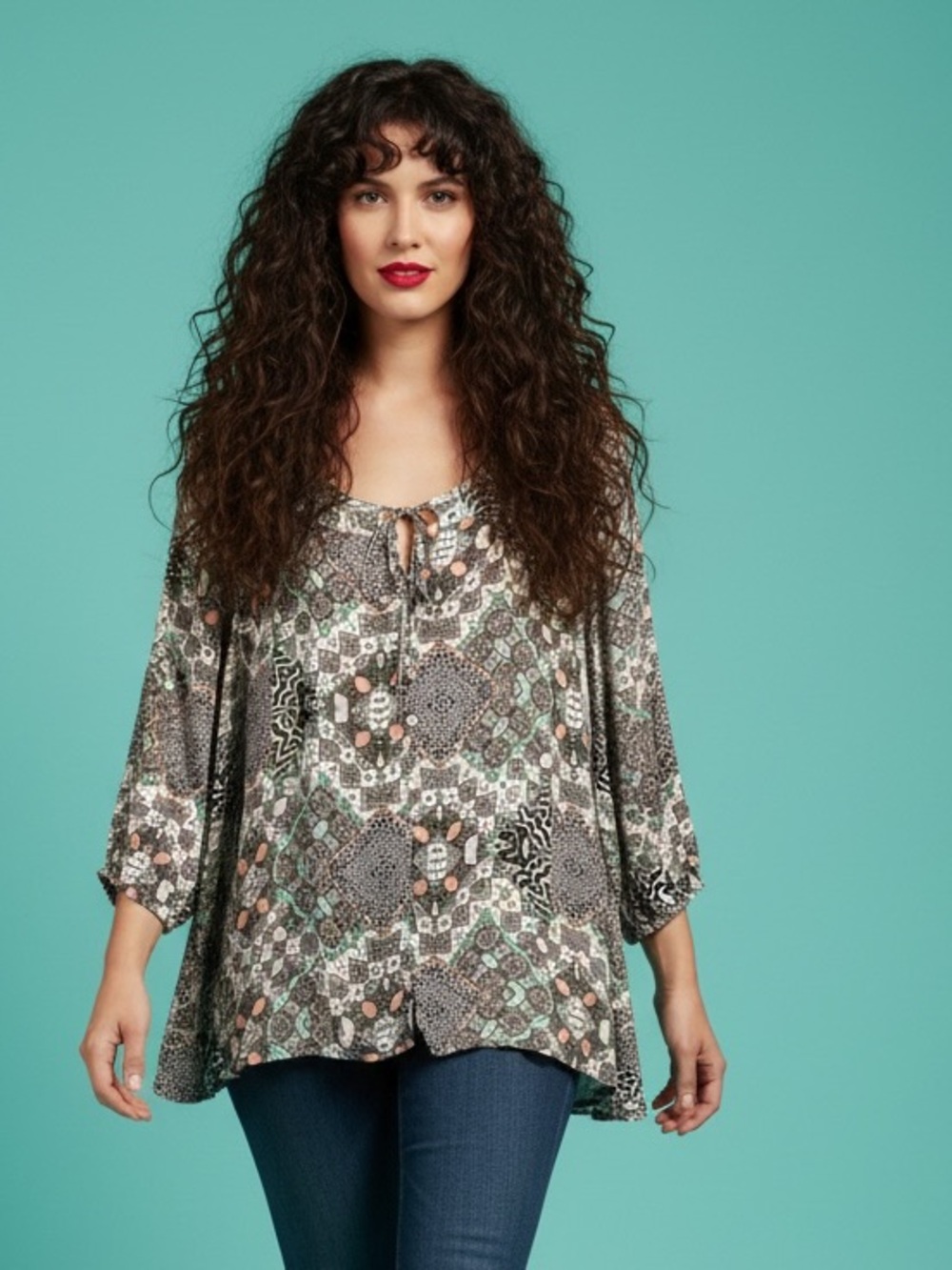 Style & Co Boho Paisley Vintage Geometric Print Rayon Top Blouse Size L